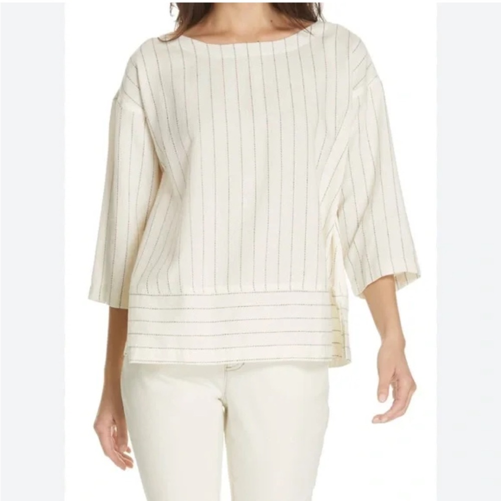 Eileen Fisher striped bateau-neck 3/4-sleeve cotton organic blend top minimalist